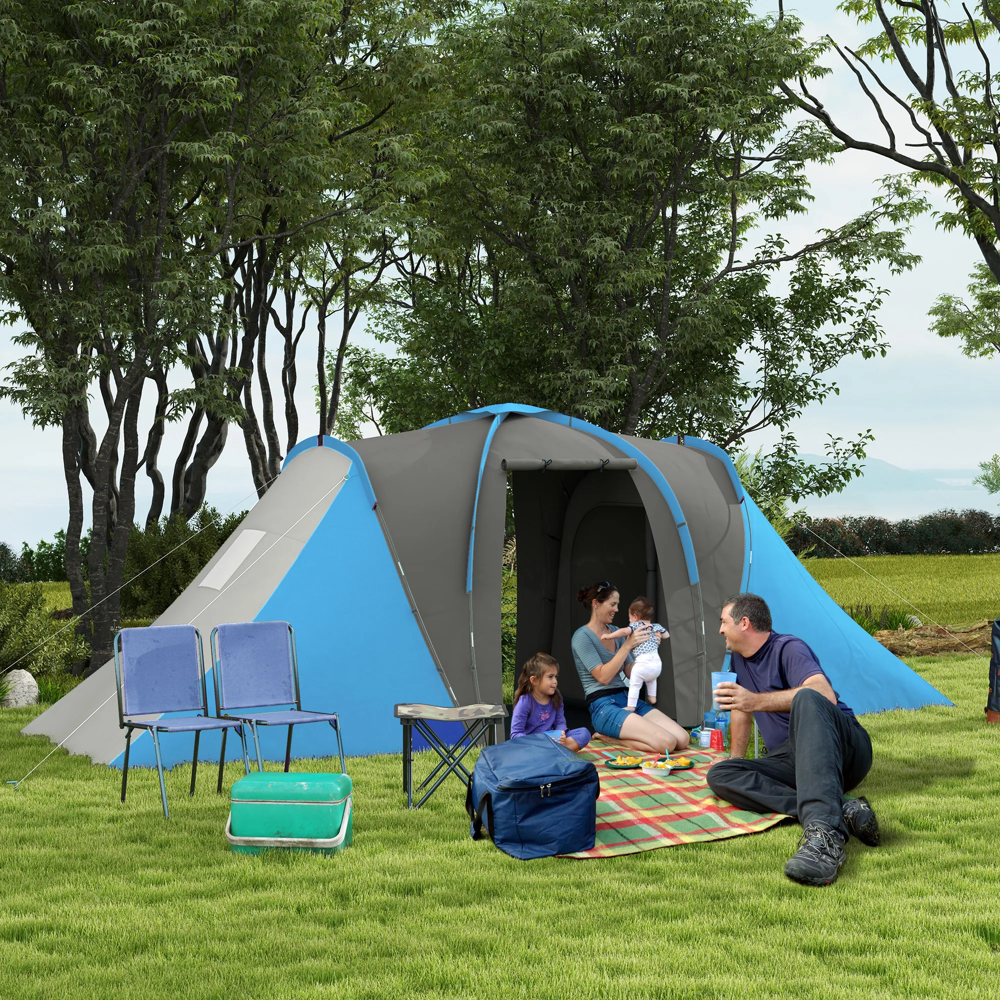 Tente de camping tunnel multi-personnes avec auvent avant, tente familiale imperméable et coupe-vent avec maille respirante, abri spacieux pour le camping et les activités sportives en plein air