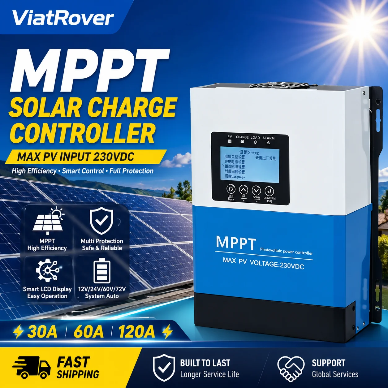 120A/60A/30A MPPT Solar Charge Controller, LCD Auto Battery Regulator 12V-96V, Max PV 230V Input, Off-Grid Solar Power System So
