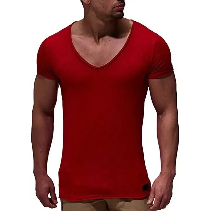 Koszulka męska 2025 rekreacyjna letnia z krótkim rękawem jednolita patchworkowa bluzka t-shirty odzież męska slim camisetas męska koszulka — zdjęcie 2