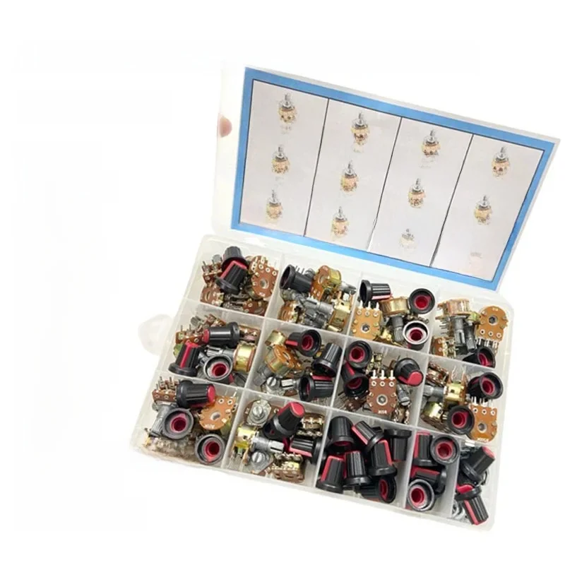 200szt Wh148 Dual Gang Stereo 6pin Potentiometer kit1K 2K 5k 10k 20K 100k 50K 1M 250k 500k z pokrętłami Pojedynczy zestaw Nakrętki wału 15MM — zdjęcie 2