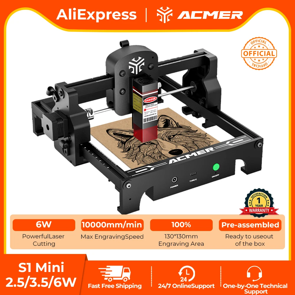 

ACMER S1 Мини-станок для лазерной гравировки и резки Портативный высокоточный станок с ЧПУ для фанеры, акрила, кожи, стекла