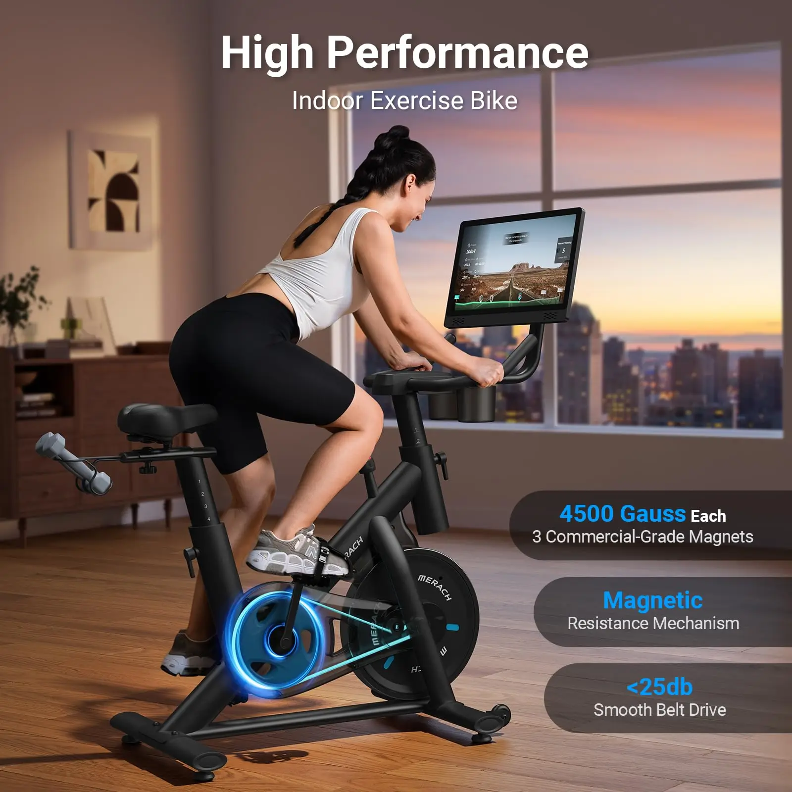 MERACH hometrainer remblok stationair met exclusieve app Geluidsarme indoor fietstablethouder en fitnesscursussen voor gewichtsverlies