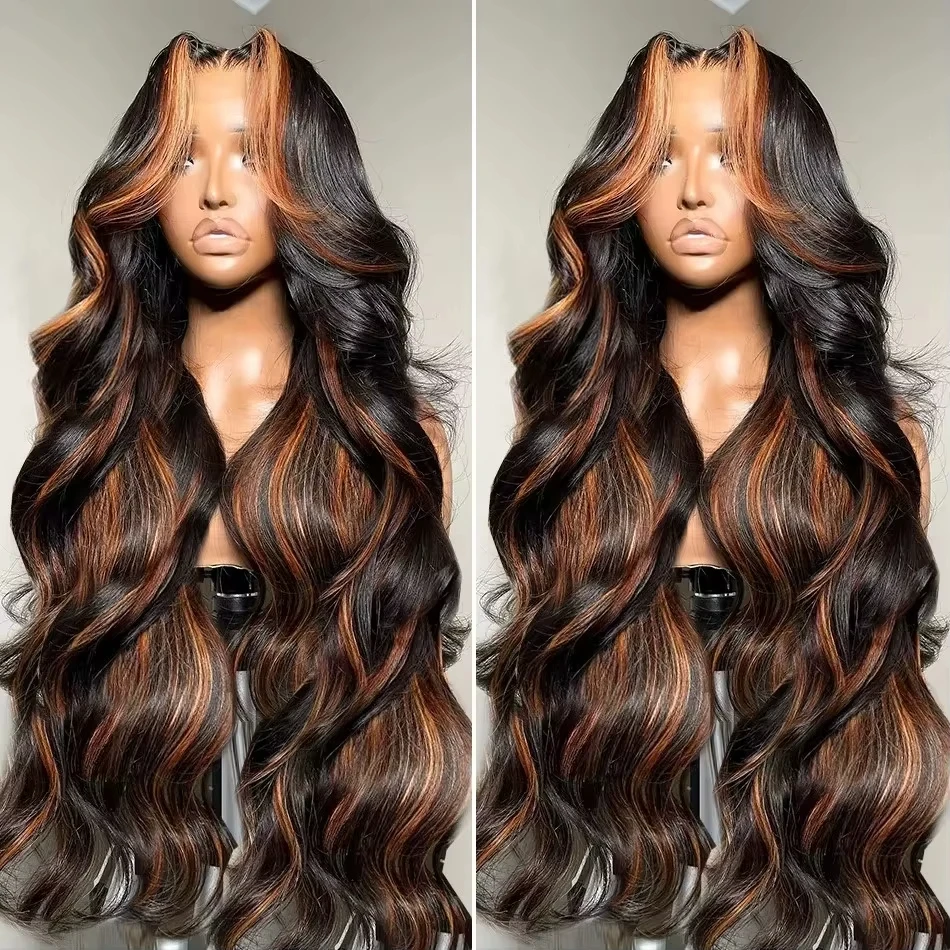 

Ombre Highlight 13X6 250% HD 1B/30 Black Brown 30 32 Inch Body Wave Lace Front Human Hair Wigs Transparent 13x4 Lace Frontal Wig