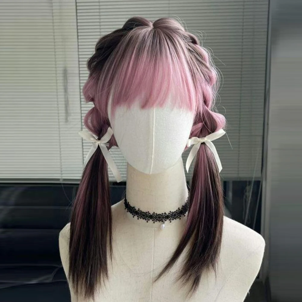 Long Layered Ombre Pink Brown Synthetic Women Wig Long Straight Cosplay Daily Woman Korean Natural Fake Hair Wigs with Bangs