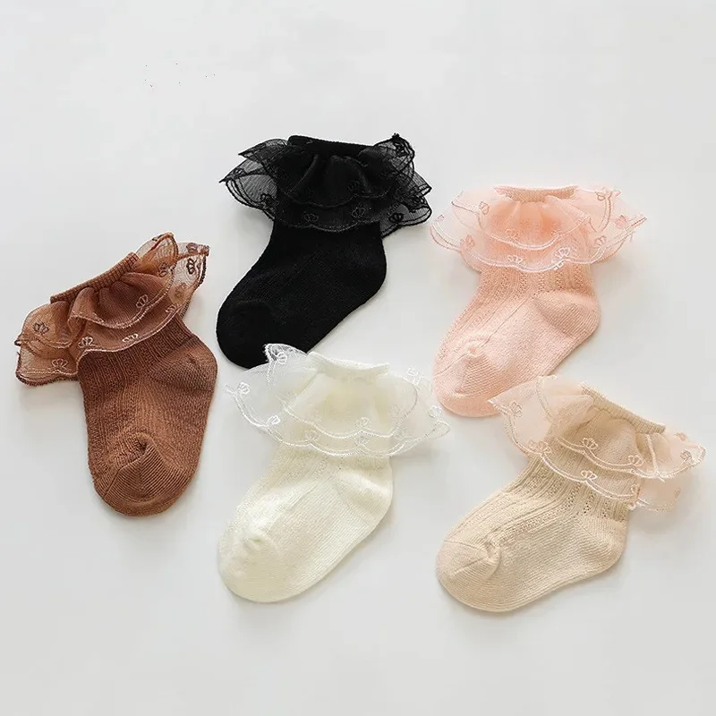 Printemps nouveau bébé fille chaussettes dentelle à volants princesse enfants coton moyen Tube chaussettes coréen couleur unie danse chaussettes