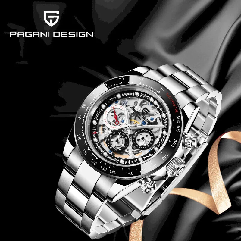 PAGANI DESIGN Trendy Men Automatic Mechanical Watch Skeleton Hollow Dial Stainless Sapphire Dive Luminous Watch For Racing Style