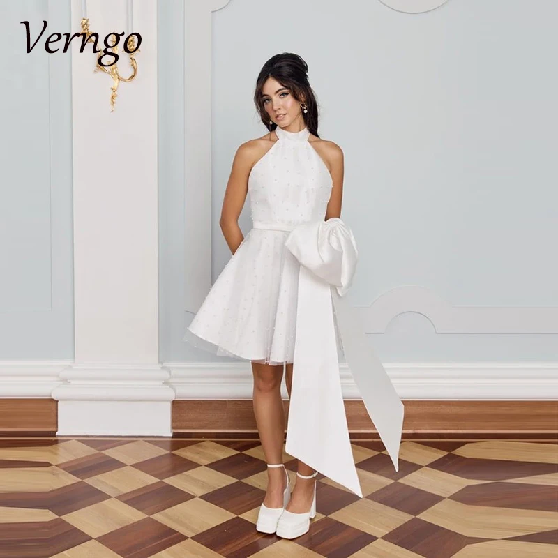 

Verngo A-line Short Wedding Dresses Sleeveless Halter Bridals Gowns 2024 Satin Women Mini Bride Dress with Bow Robes De Soirée