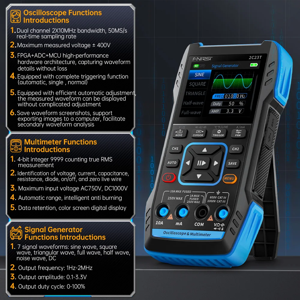 FNIRSI 3 in 1 Digital Oscilloscope Multimeter Dual Channel 50MS/s Sampling Rate 10MHz*2 Bandwidth Function Signal Generator