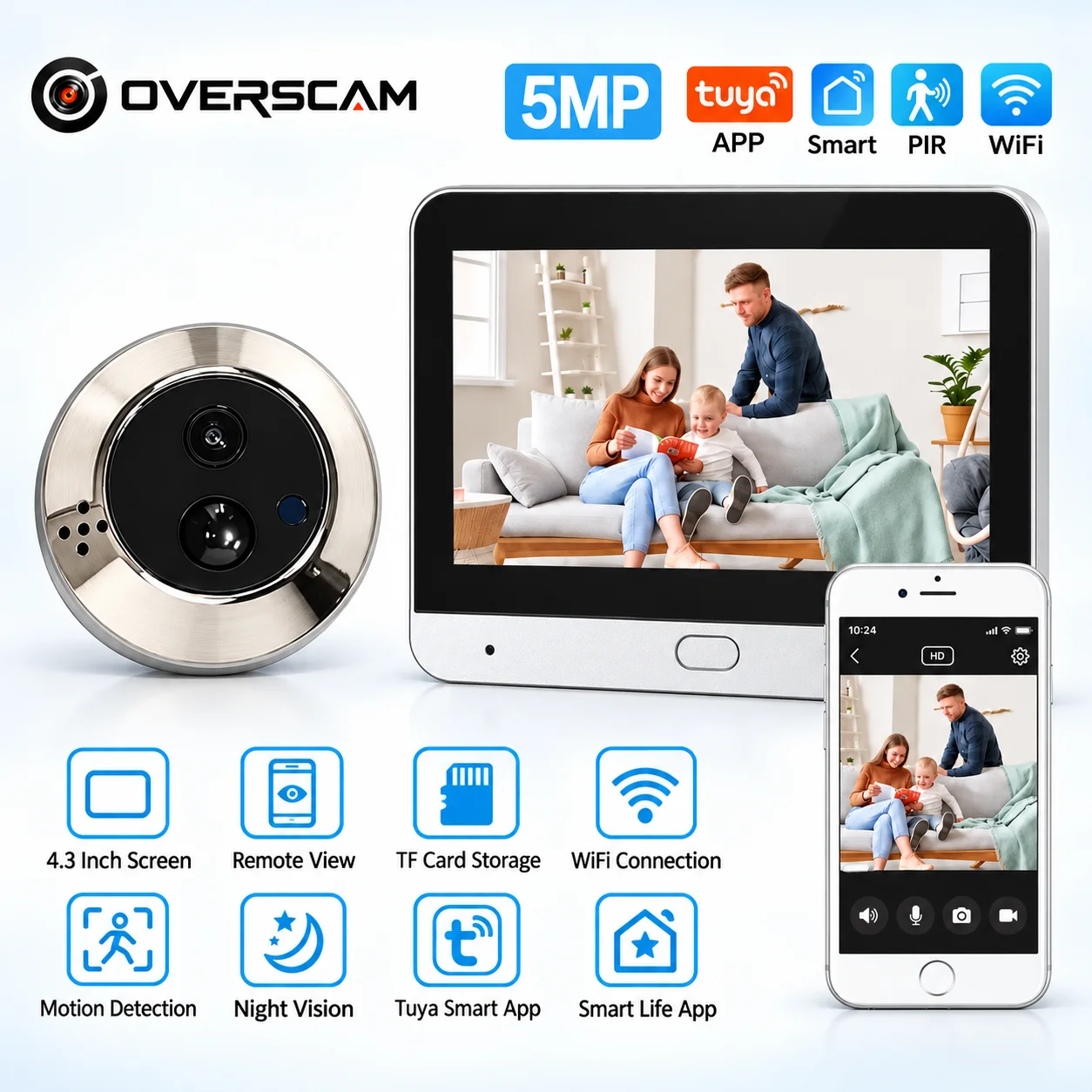 Kamera wideo do drzwi z otworem w drzwiach, rozdzielczością 5 MP, łącznością WiFi, wyposażona w 4,3-calowy monitor do użytku wewnętrznego, aplikację Tuya umożliwiającą zdalne podglądanie, funkcję
