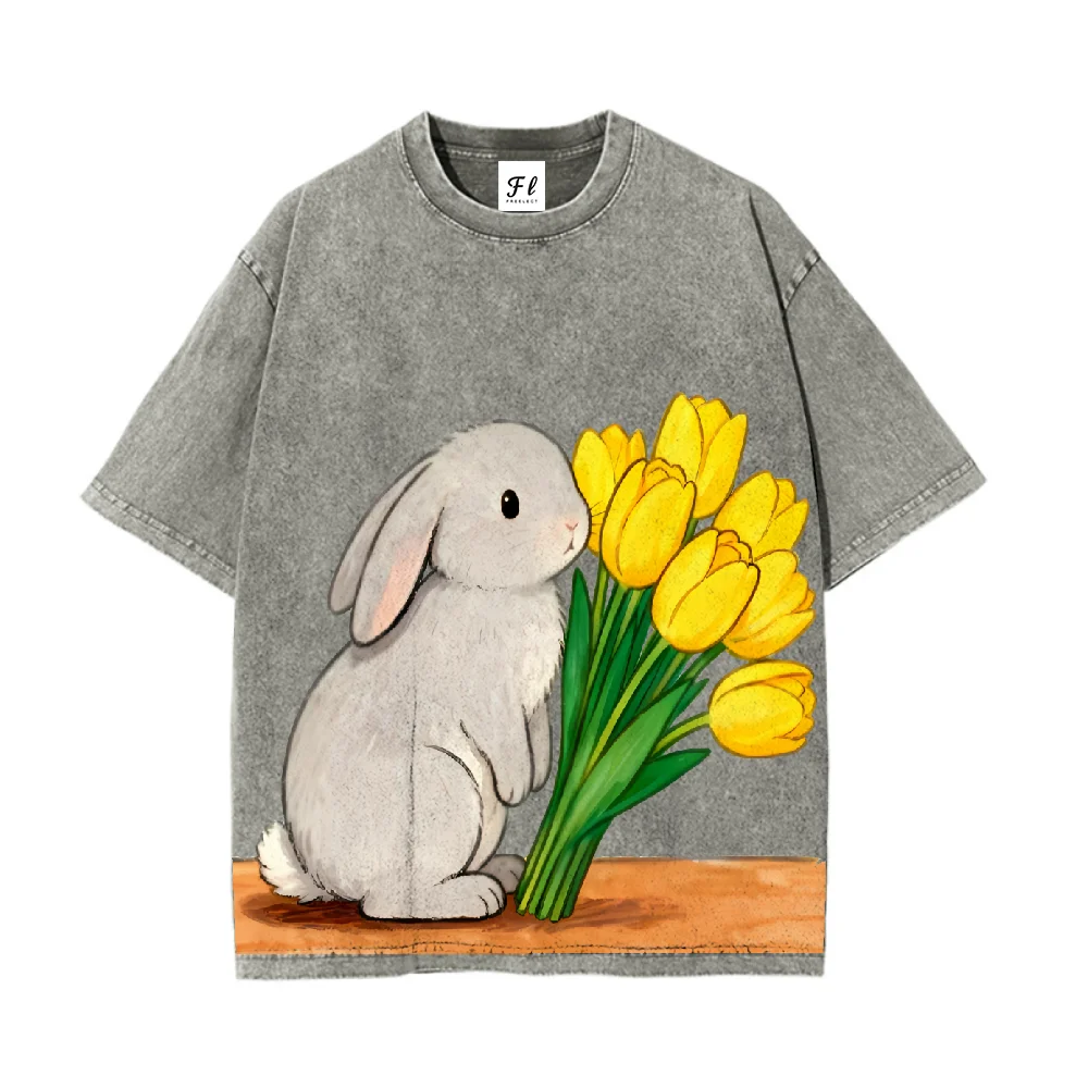 Cute Cartoon Rabbit With Yellow Tulips Printed Vintage Style Casual Loose Fit Short Sleeve T Shirt For Women And Men Fashion