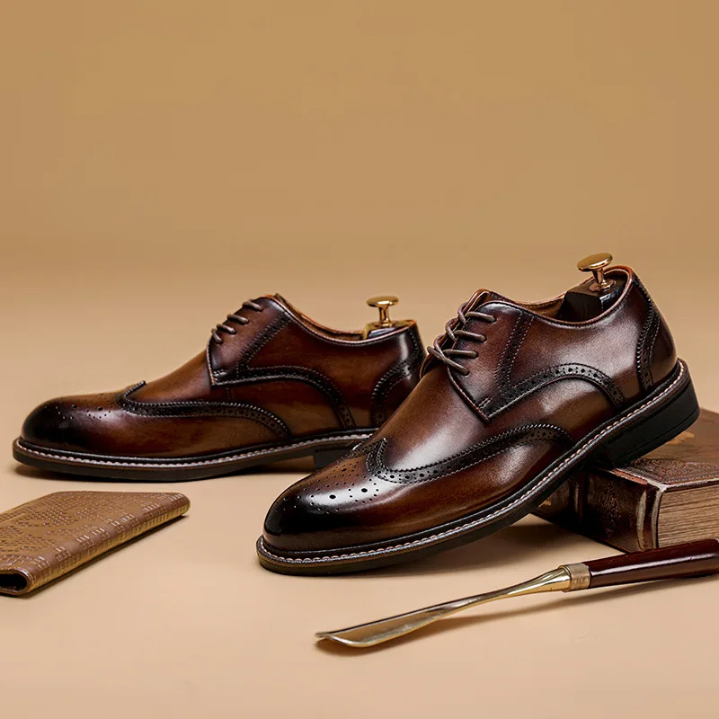 

Мужские туфли из натуральной кожи ручной работы, деловые повседневные свадебные туфли-броги на мягкой подошве в британском стиле