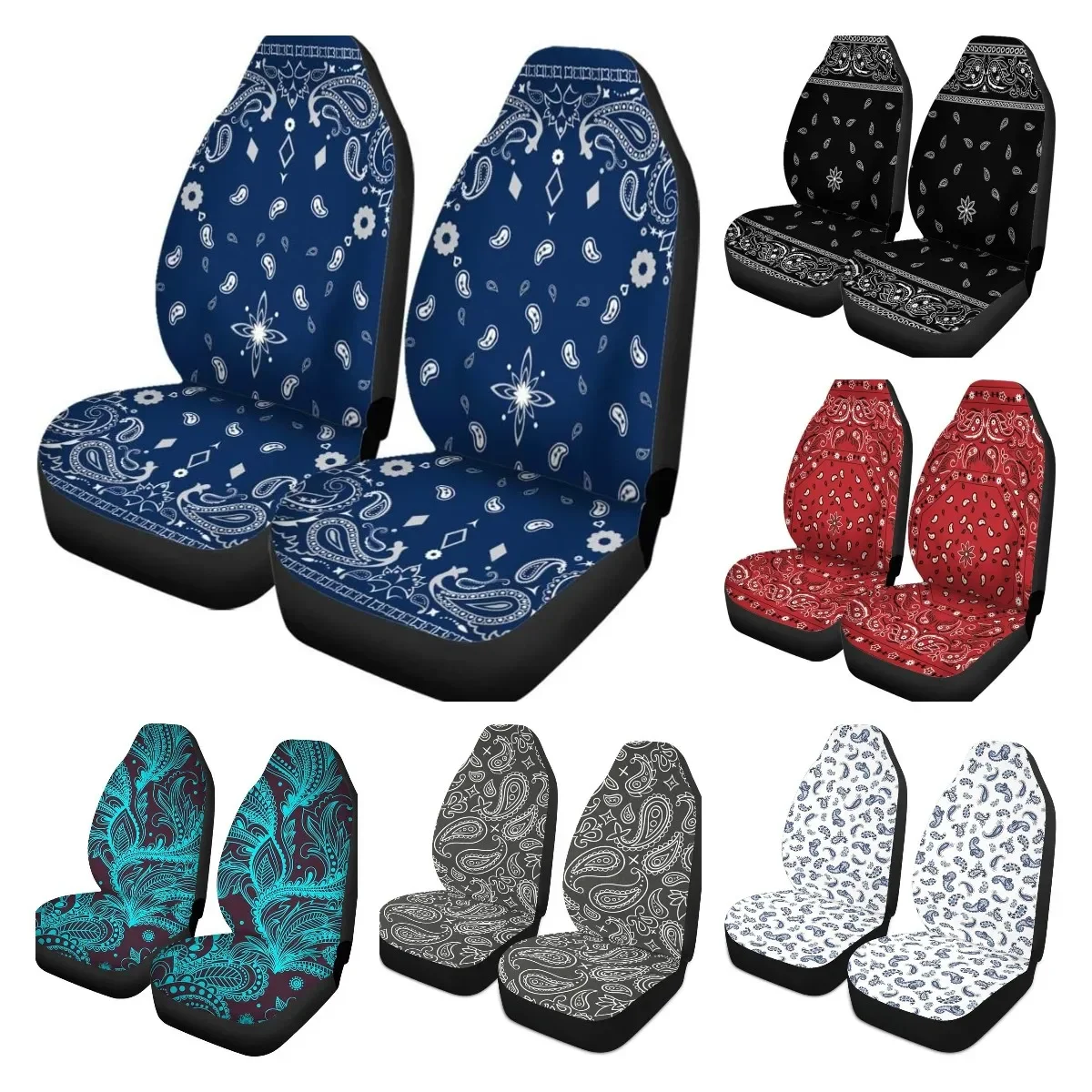 Pokrowce na fotele samochodowe Kolorowy szalik Niebieski wzór Paisley Bandanna Obramowanie Kwiatowy zestaw 2 akcesoriów Ochraniacze Dekoracja samochodu Uniwersalny — zdjęcie 2