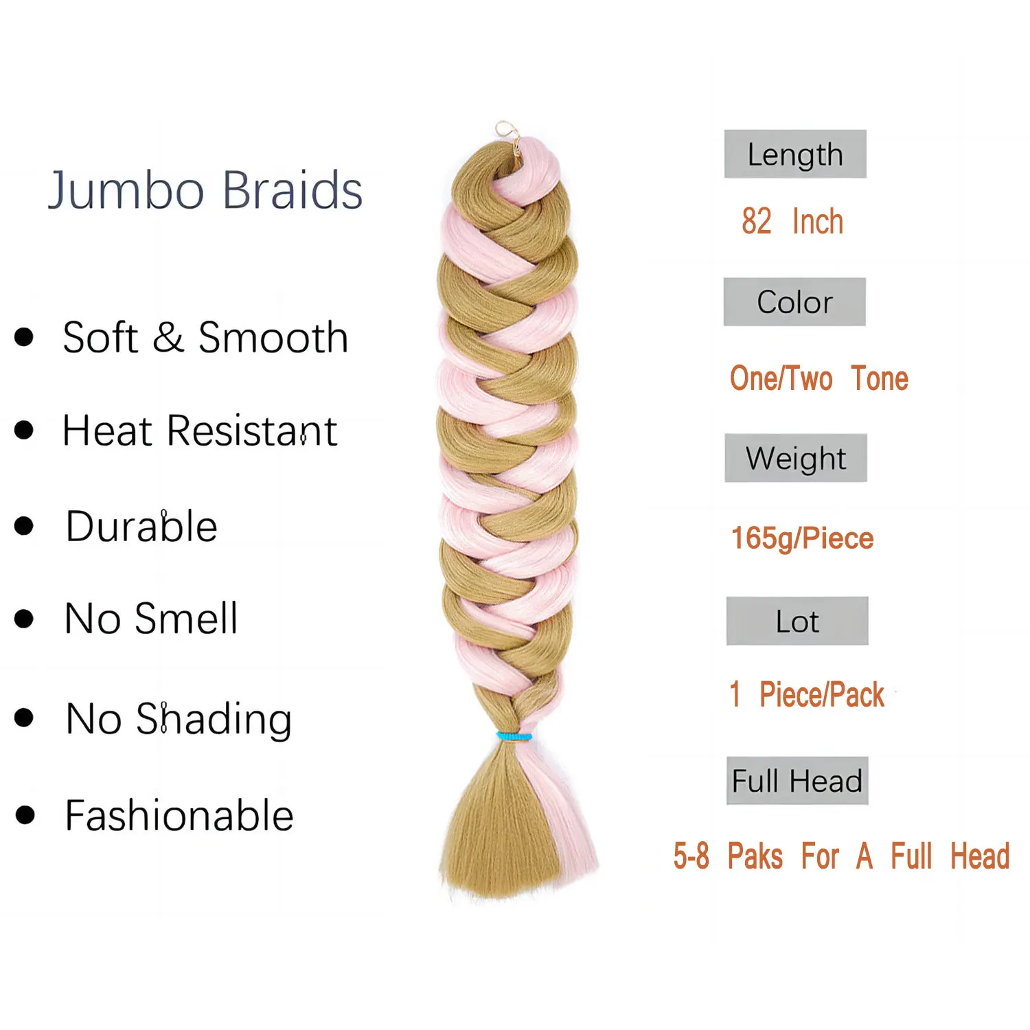 one piece 82 inch 165g Heat Fiber Braid Synthetic Braiding Hair  Pure Color Crochet Jumbo Braid Hair Extensions For Woman