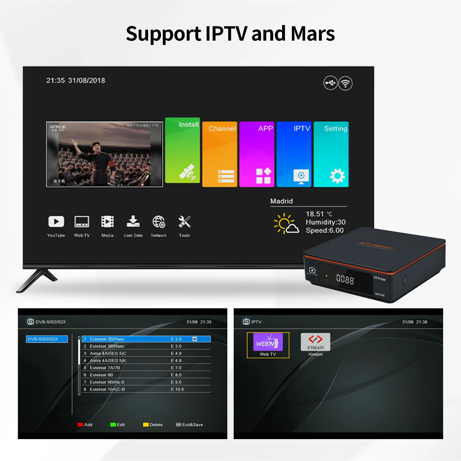 GTMEDIA V9 Prime Satellite Receiver DVB-S/S2/S2X 2.4G WIFI LACAM support 70W Claro 61W Satellite Decoder Good for chile,peru