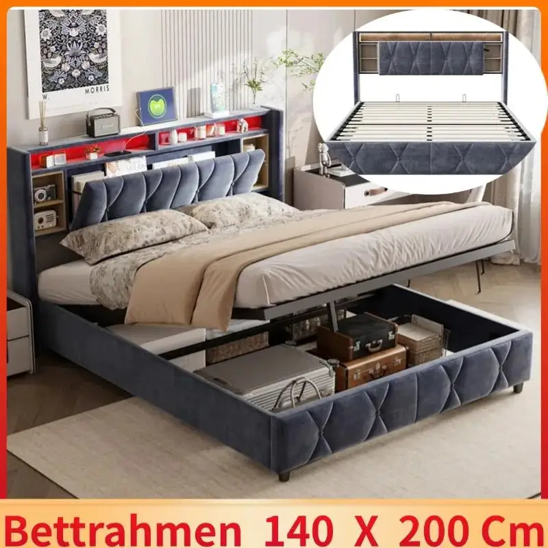 Double bed 140x200 cm LED lighting, headboard with power sockets and storage space, velvet fabric, gray