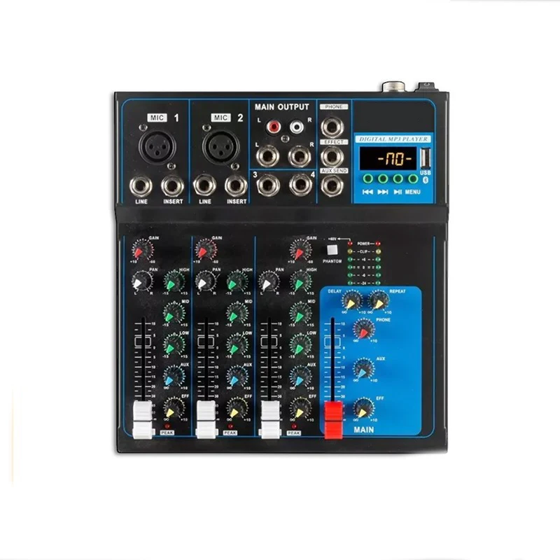 4-Channel Professional Compact Mixer with Bluetooth, USB Mp3 Playback, 48V Phantom Power, Live Streaming, Karaoke Recording, and Mixing Console