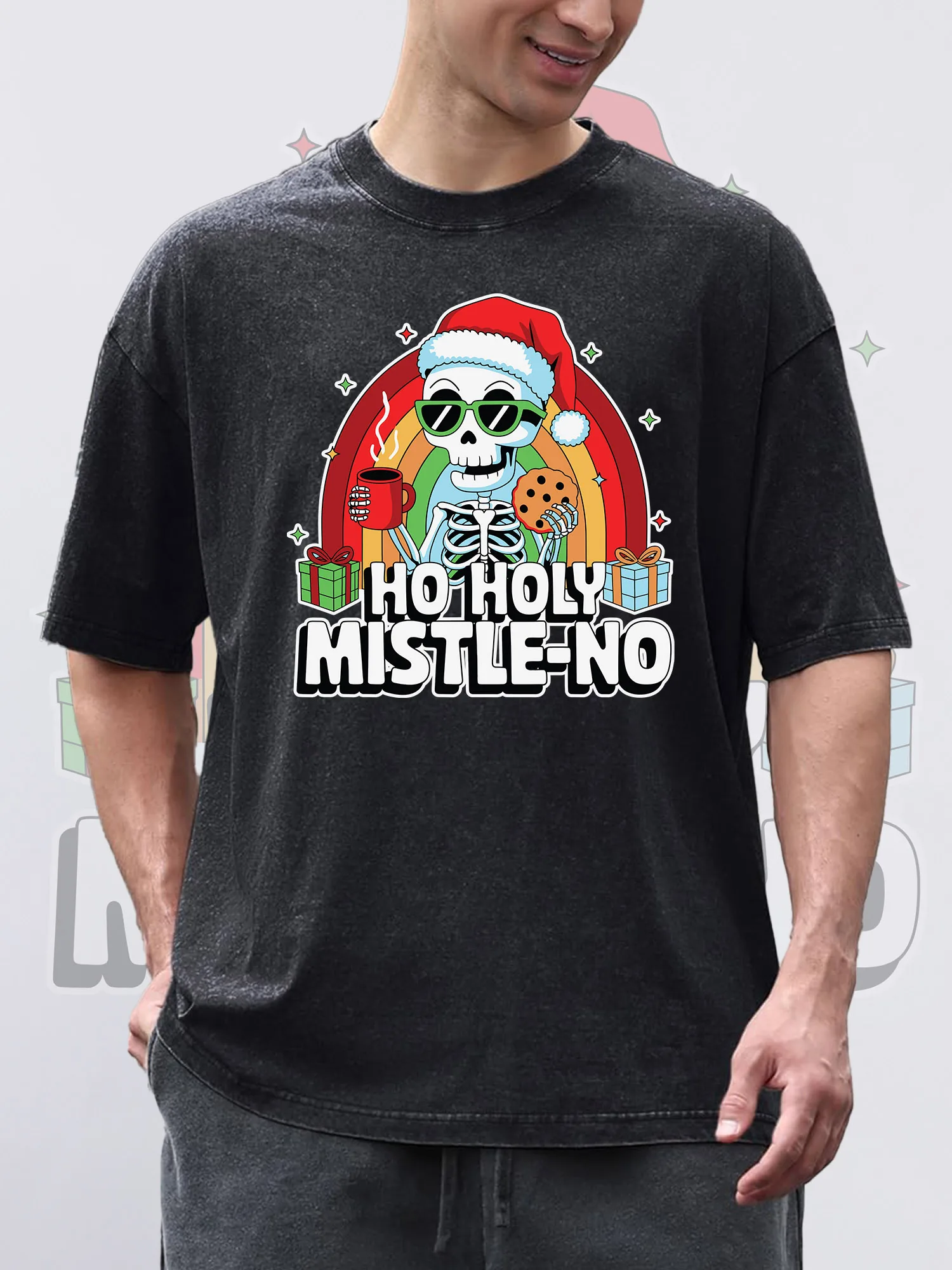 

Men's T-Shirts HO HOLY MISTLE NO Printed Black Short-Sleeved Round Neck 100% Pure Cotton Acid Wash Suitable For Christmas