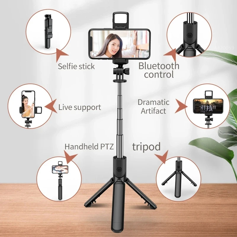 Roreta Opvouwbare Draadloze Bluetooth Selfie Stick Telefoonhouder Intrekbaar Multifunctioneel Statief Met Externe Sluitertijd Selfie Licht