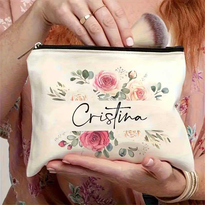 Pastel Floral Custom Name Zipper Toiletry Bag Machine Washable Travel Skincare Organizer Birthday Gift For Women Mom Daughter