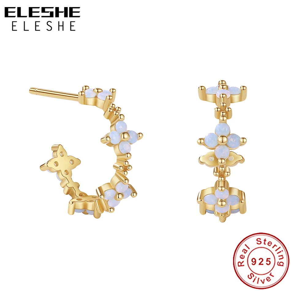 ELESHE 925 Sterling Silver White Opal Flower Hoop Earring for Women 18K Gold Plated Hook Earrings Statement Jewelry