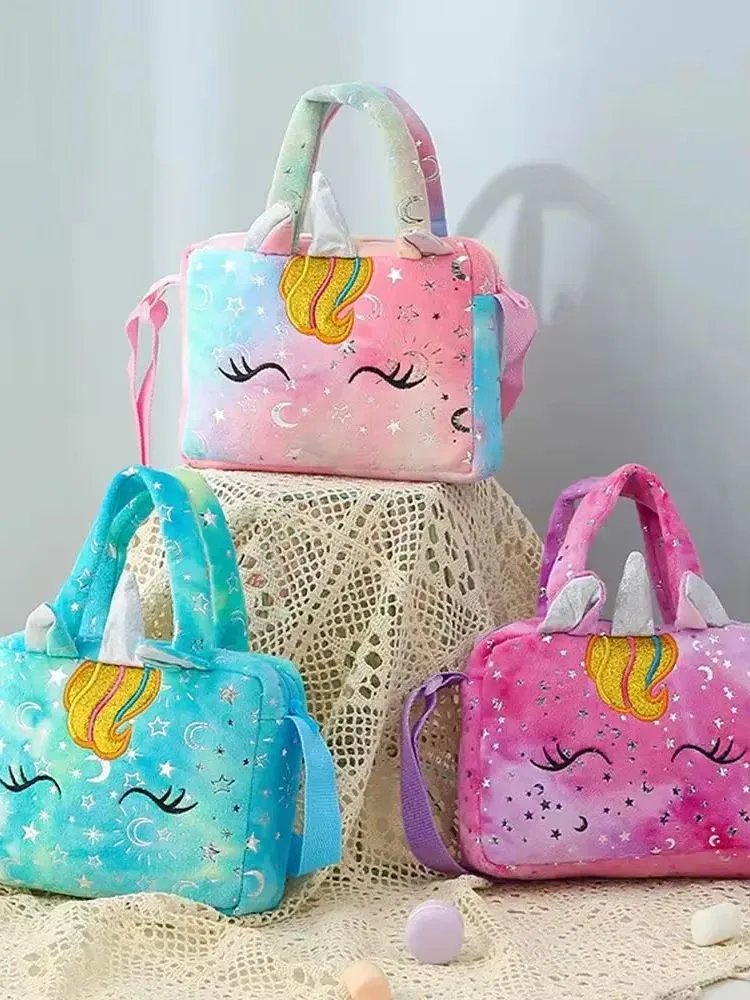 Torba na akcesoria dla dzieci, modna torba na ramię z motywem jednorożca, pluszowa torba na ramię tie-dye, urocza torba na ramię do przechowywania, kolorowa dziewczęca torba crossbody. — zdjęcie 2