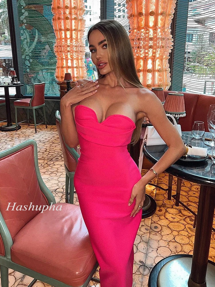 Hashupha Strapless Midi Bandage Dress Women's Rose Red Sexy Backless Bodycon 2022 Summer Sleeveless Club Evening Party Dresses