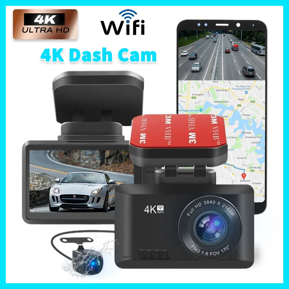 4K Car Dash Camera Dual Cameras Support Wifi GPS Phone Connection with Night Vision Dual Lens Car Black Box