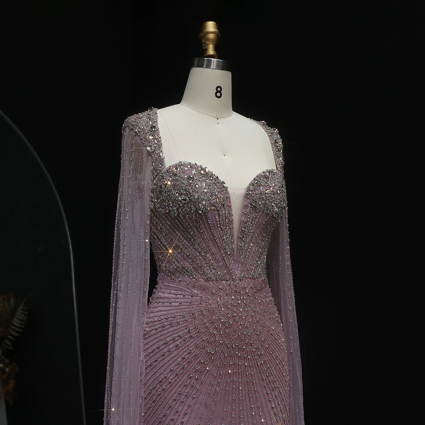 Sharon Said Luxuriöses Nude-Perlen-Abendkleid aus Dubai mit Cape-Ärmeln, Elegantes Rosa Arabisches Hochzeitskleid SS194 Maßanfertigung – Detail 7