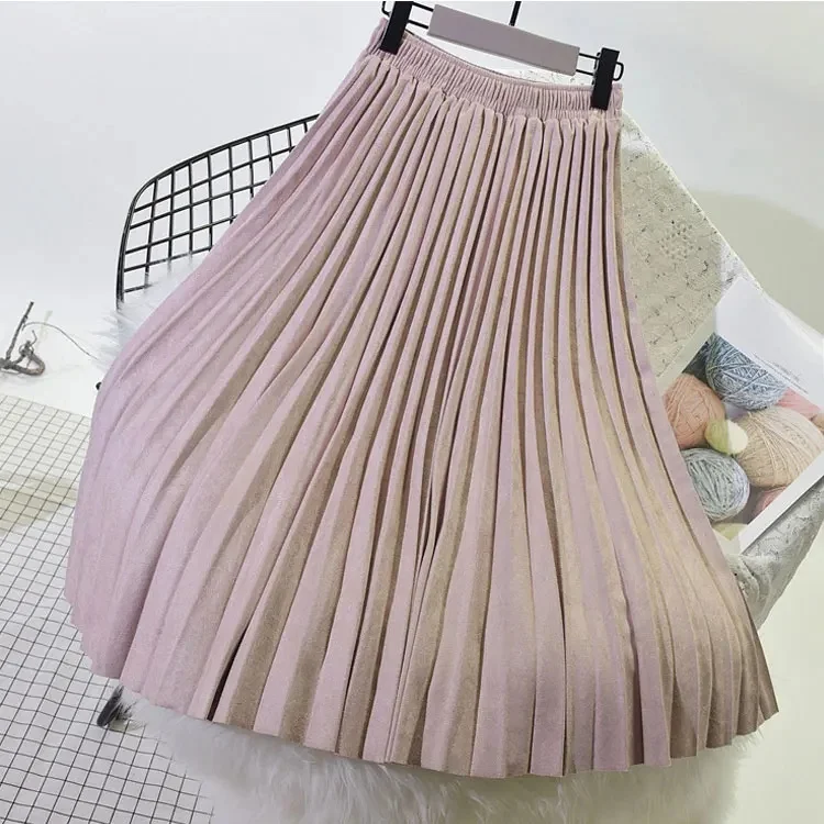 2024 Dwuwarstwowa wiosenna spódnica zamszowa dla kobiet Długie plisowane spódnice Top Marka Womens Saias Midi Faldas Vintage Women Midi Skirt — zdjęcie 2