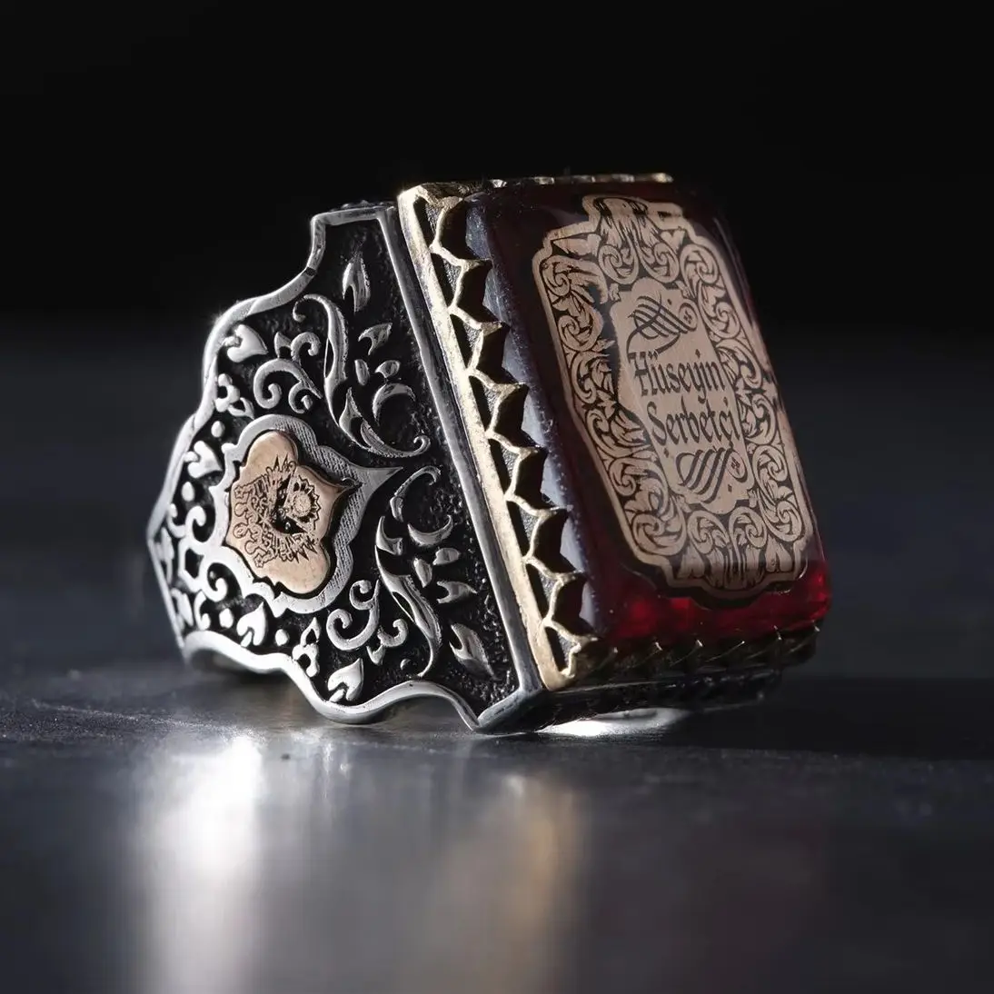 

Custom Name Written Men's Ring in 925 Silver with Natural Amber Stone - Turkish Handmade