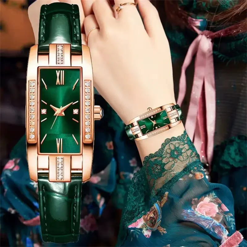 Femmes Montres De Mode Carré Dames Quartz Montre Bracelet Ensemble Vert Cadran Simple En Cuir De Luxe Femmes Montres
