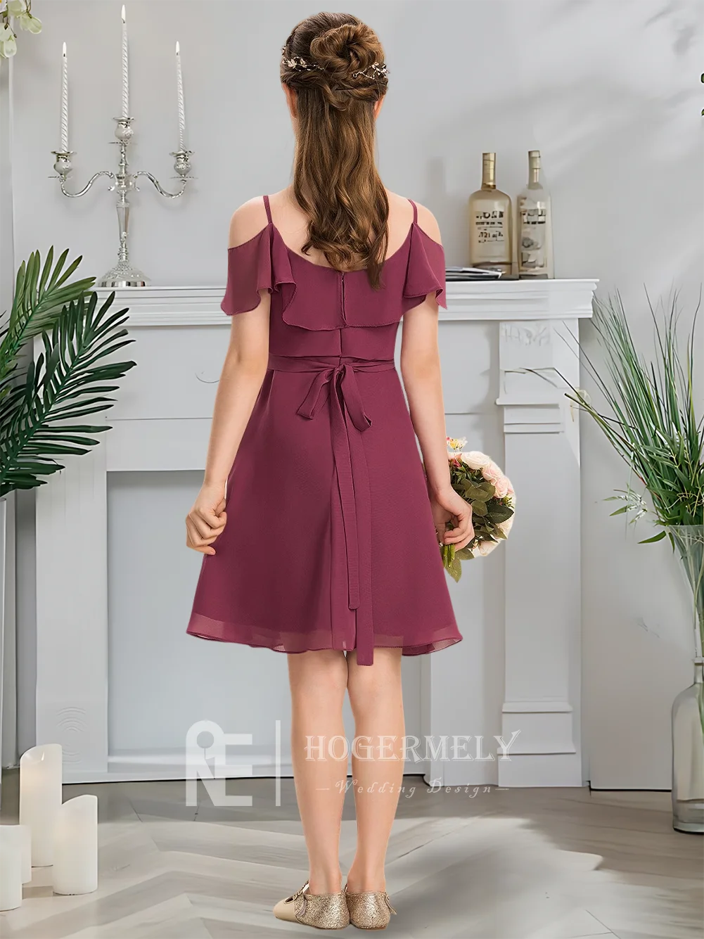 Роскошное платье подружки невесты с открытыми плечами, королевское сливовое платье с цветочным узором для девочек, шифоновое платье длиной до колена с каскадным бантом и оборками