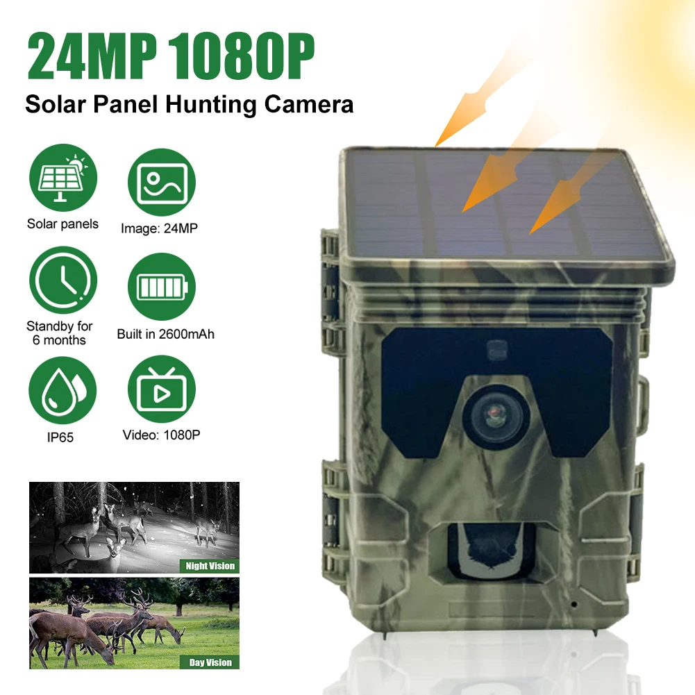 Solar Trail Camera 24MP 1080P Solar Power Hunting Camera Infrared Night Vision Wildlife Observation Camera Video Photo Recorder