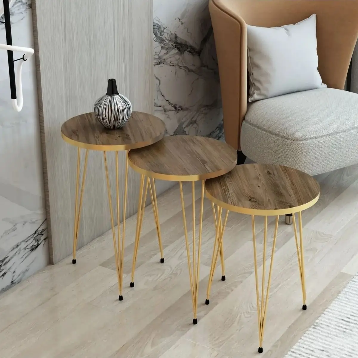 Modern Marble Nesting Tables Set of 3 Metal Gold Leg Service Tables 3Pcs Round Coffee Tables for Living Room Bedroom Furniture