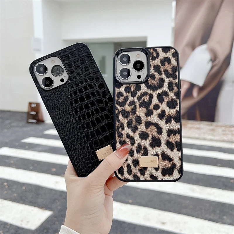 Luxus Leopard Schlange Krokodil Metall Etikett Fall Schutz für Samsung Galaxy S24 S23 Ultra iPhone