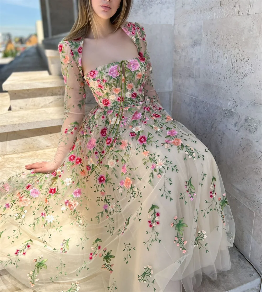 Amanda Flower A-line Evening Dress Sweet Knee Lenght Prom Dress 2023 Long Sleeve Party Dress Open Back  فساتين مناسبة رسمية