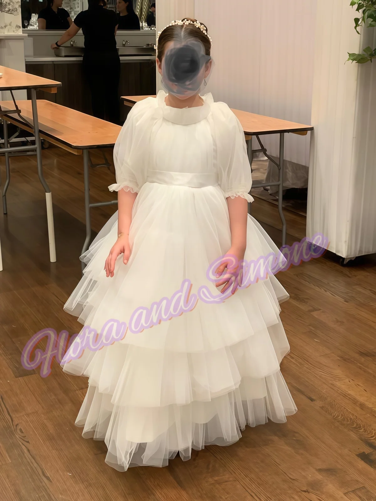 Vestido de dama de honor personalizado para niña, vestidos de primera comunión de tul plisado de color marfil para boda, fiesta de cumpleaños para niños