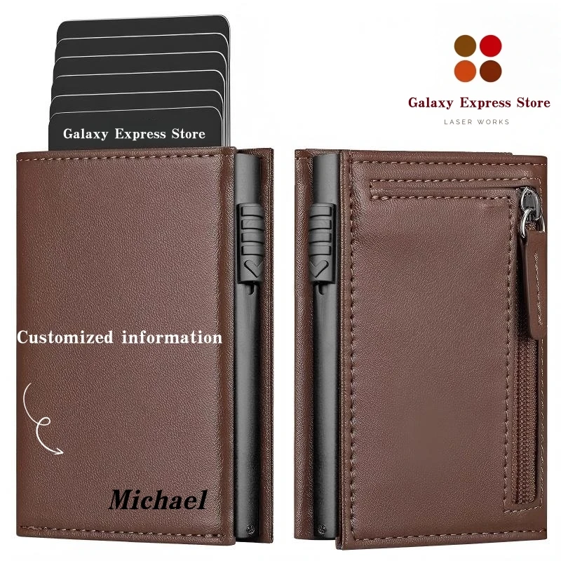 Customized Card Holder Wallet Coin Pocket Magnetic Closure Pop Up ID Window Aluminum PU Wallet Cash Credit Birthday Gifts