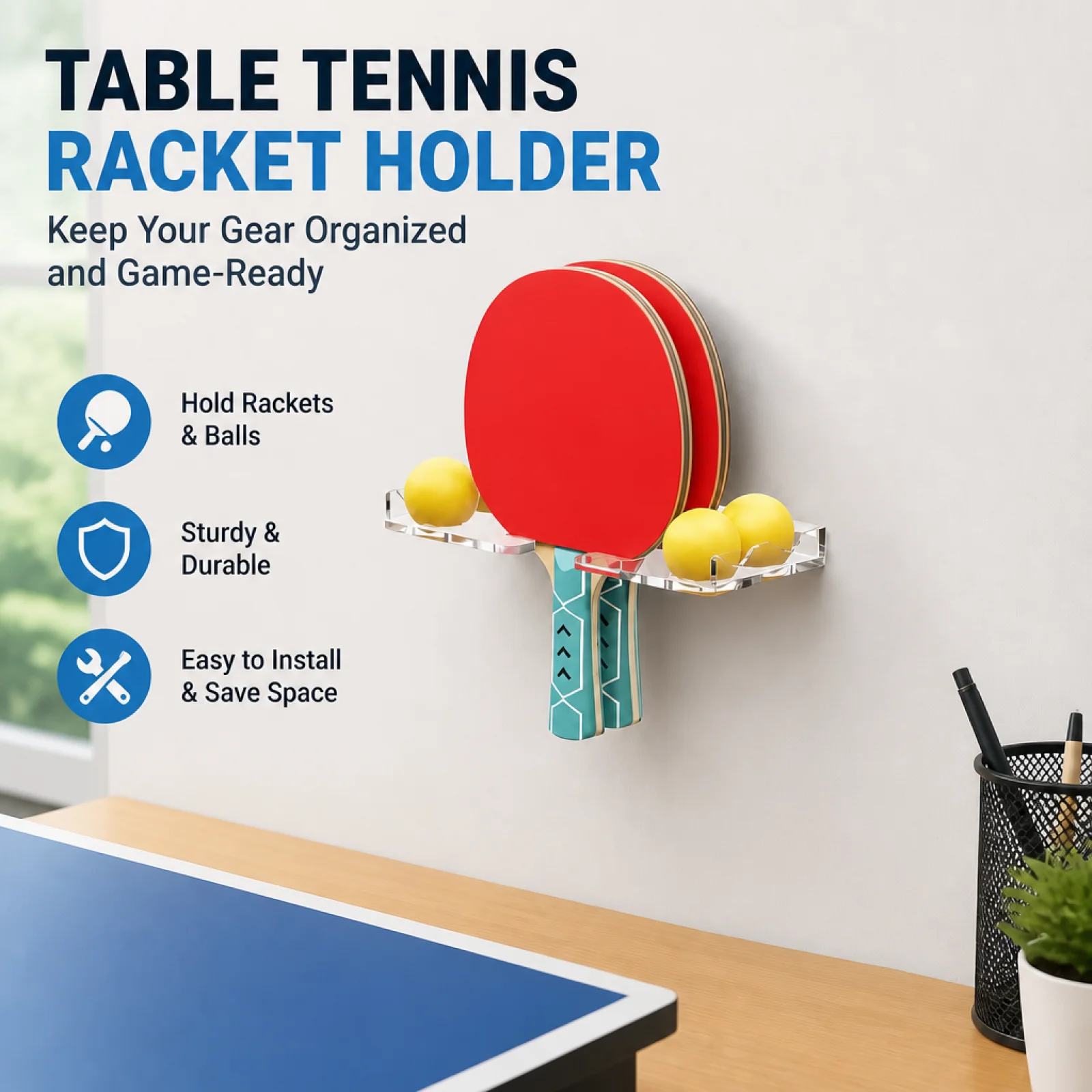 Table Tennis Ball and Paddle Organizer Transparent Table Pong Paddle and Ball Rack Curved Cutouts Clear Acrylic