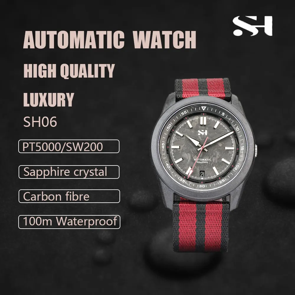SH06 Luxury Men`s Watch Automatic Mechanical Dive Wristwatch for Men 41mm Carbon Fiber SW200/PT5000 Movement Sapphire Crystal