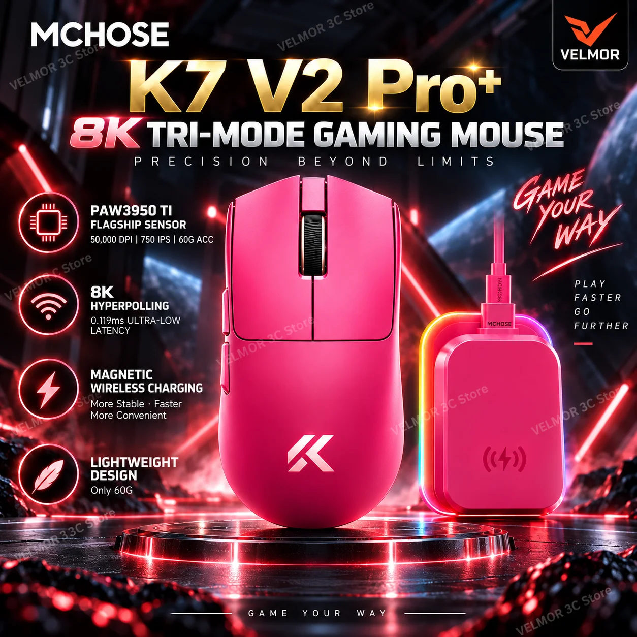 MCHOSE K7 V2 Pro+ Wireless Gaming Mouse Dual 8K Lightweight Tri Mode Bluetooth 2.4G Wired Magnetic Wireless Charging for PC