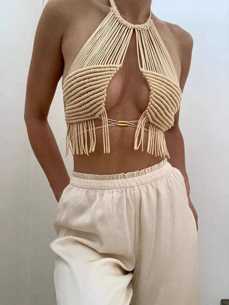 Handmade Burning Man Macrame Top Coachella 2025 Goddess Music Rave Festival Outfit Beach Cover Up Women Macrame Crop Top