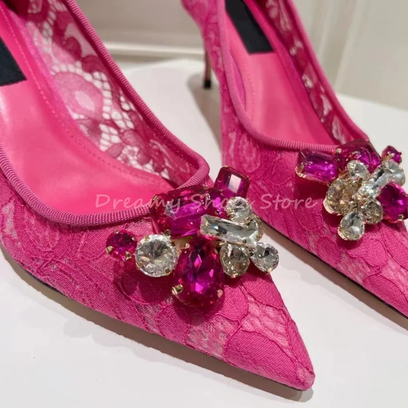 الوردي لامعة حجر الراين الدانتيل وأشار رقيقة عالية الكعب المرأة كريستال زهرة الانزلاق على مضخات فاخرة أنيقة مأدبة الزفاف فستان الأحذية #3