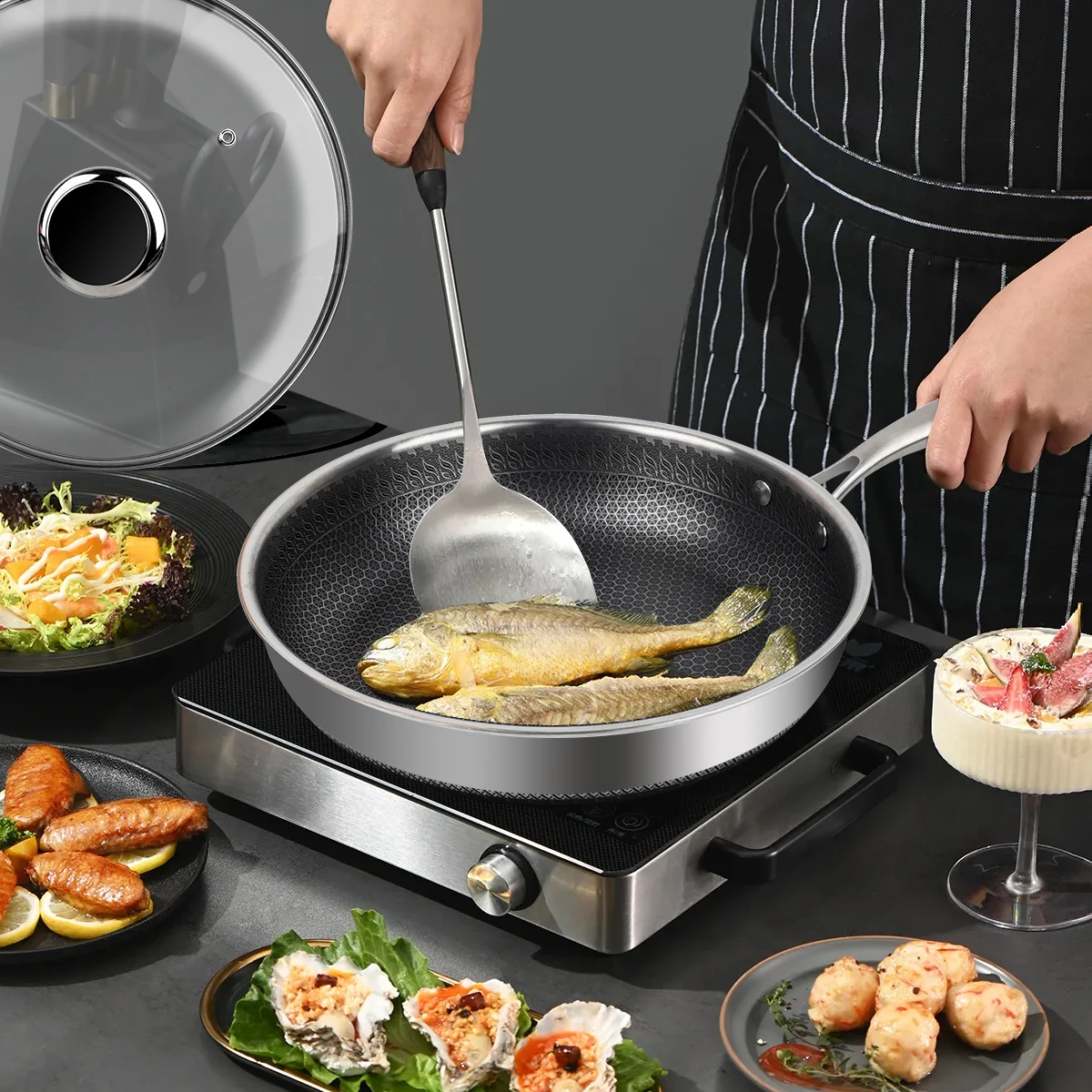 

Сковорода из нержавеющей стали с крышкой, сотовая глубокая сковорода с антипригарным покрытием, домашняя кухонная посуда для газовой плиты, индукционная