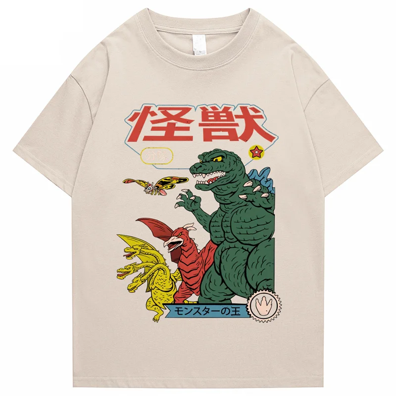 T-shirt Street Style T-shirt Cartoon Short Sleeve Casual Summer Cotton Men\'s Hip Hop Dinosaur Print 2023 Japan Harajuku Top