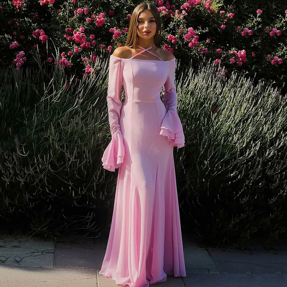 

Msikoods Pink Elastic Crepe Mermaid Evening Dress Halter Long Sleeve Prom Dress Homecoming Dress Women Party Gown Customized