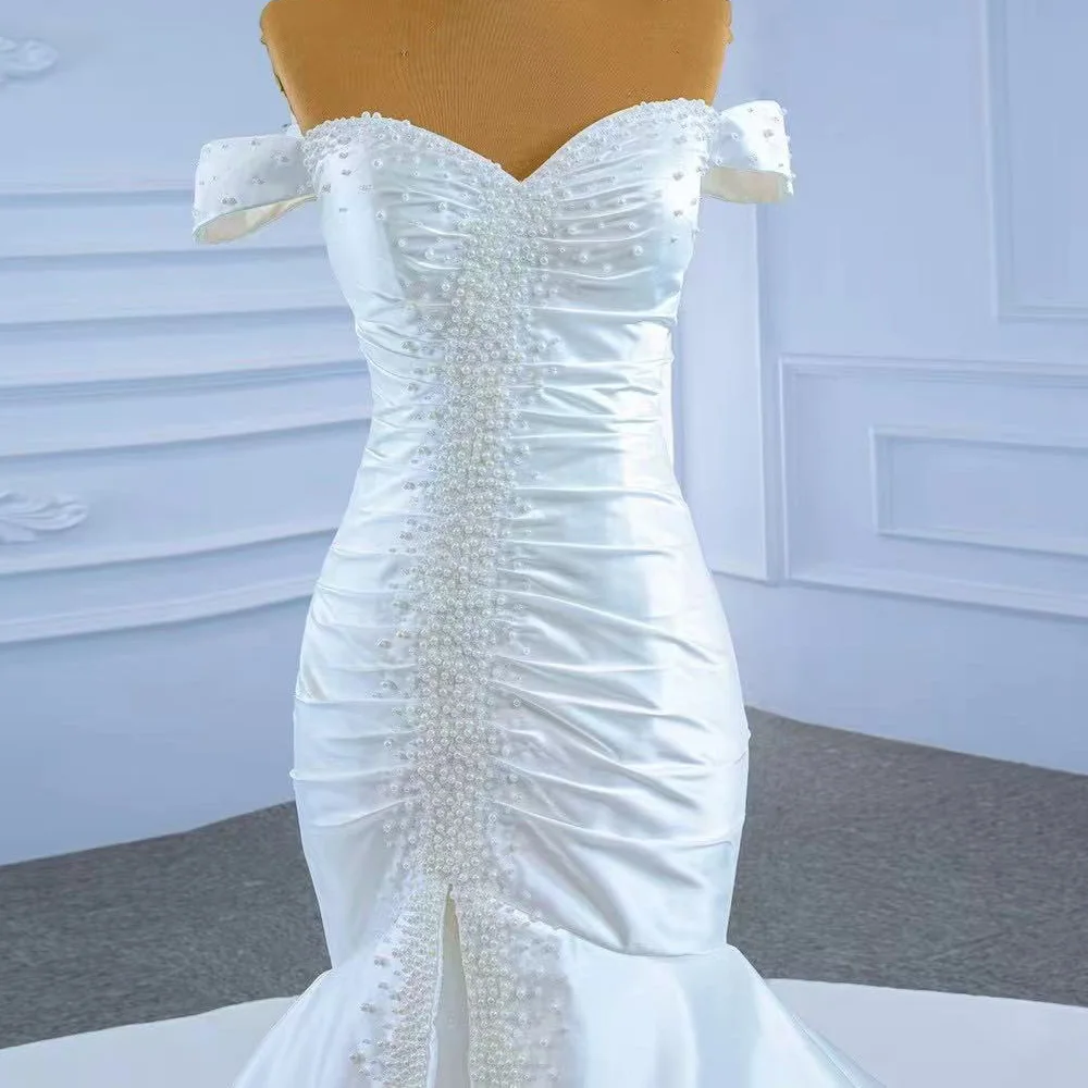 Robe mariée querida fora do ombro rendas até as costas franzidas miçangas cristal pérolas vestido de noiva