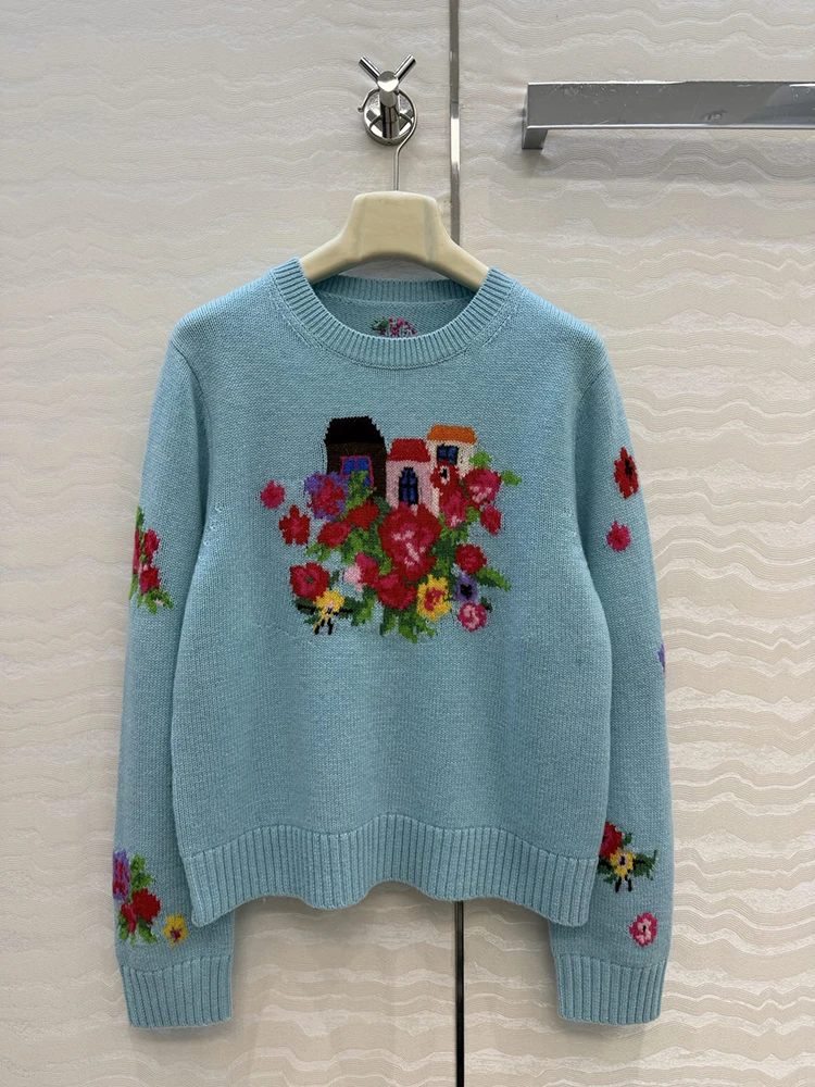 

Осень-зима, новый стиль, круглый вырез, вышивка, цветок, кашемир, материал, женский голубой модный красивый вязаный пуловер