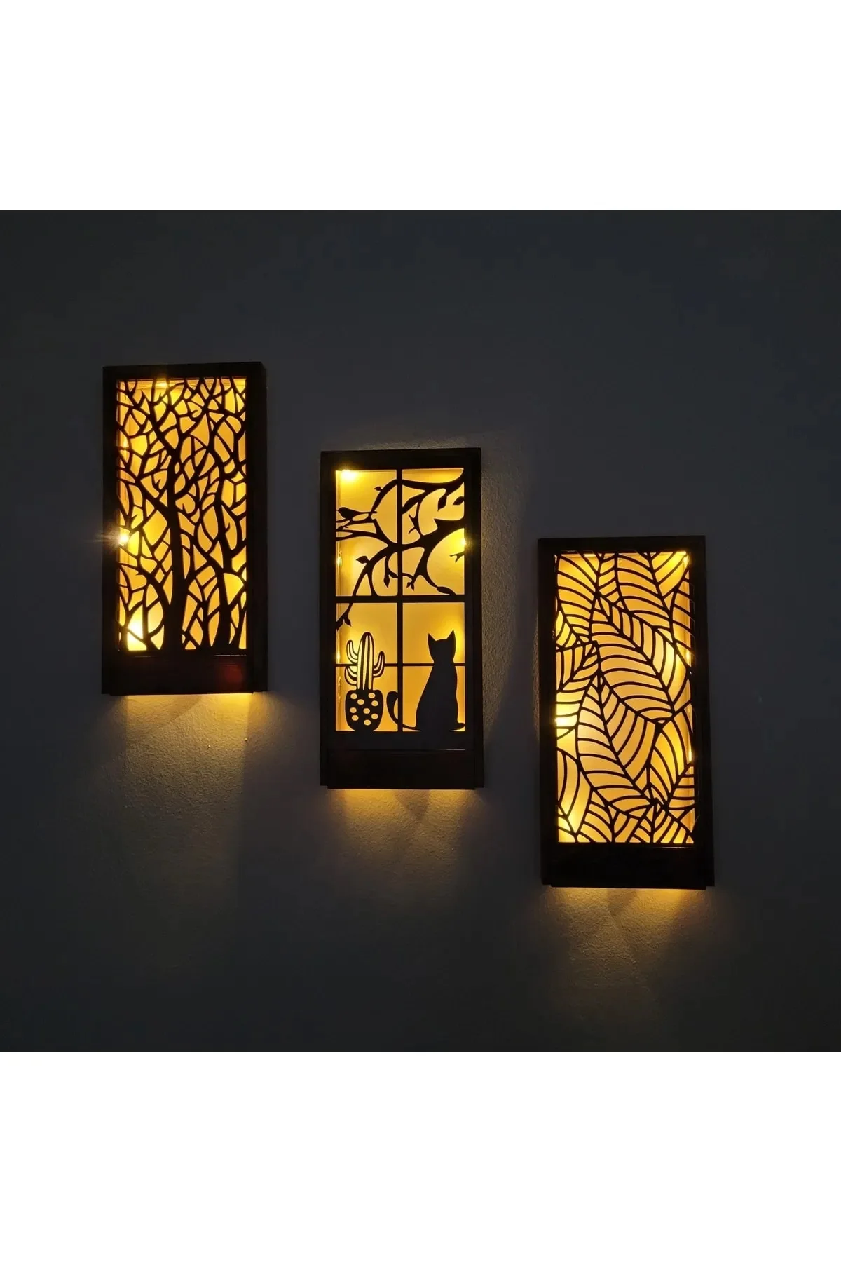 3 Pcs. Artistic Cat Haven LED Wooden Wall Art Set with Laser-Cut Details - Complete Home Decor Ensemble