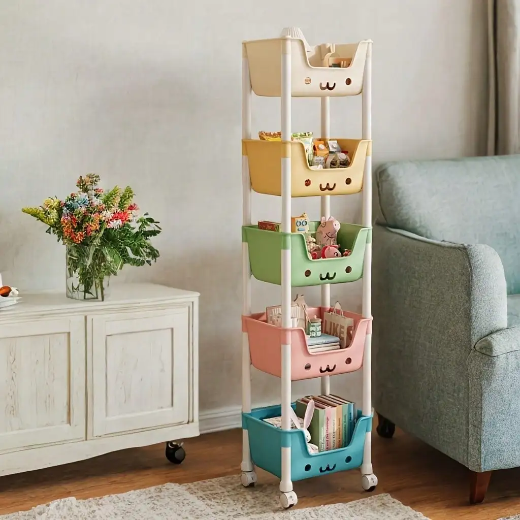 Rolling Bookshelf 5 Layer Mobile Storage Shelf Compact Organizer for Home Office Classroom Bedroom Space Saving Easy Assembly